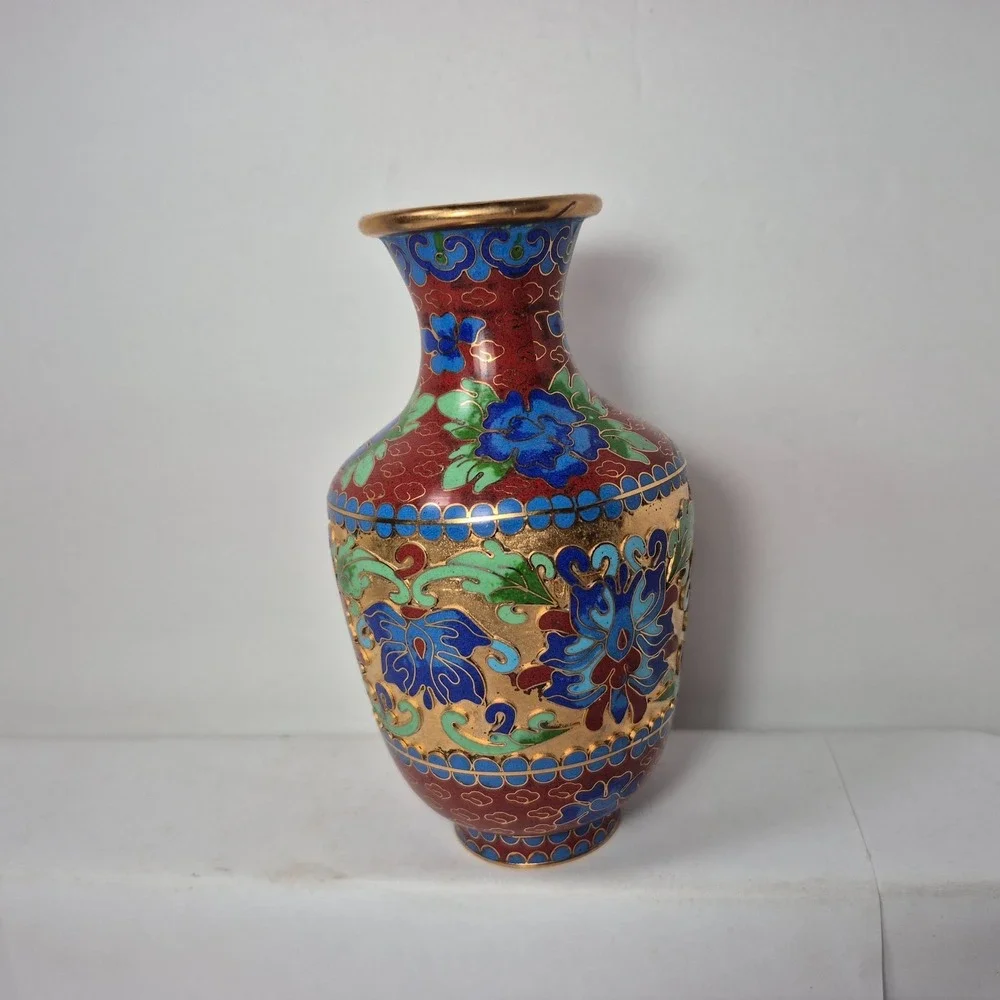 Vintage Chinese Jingfa Cloisonné Bud Vase Blue Aqua Rust Green Deep Cut 5.5